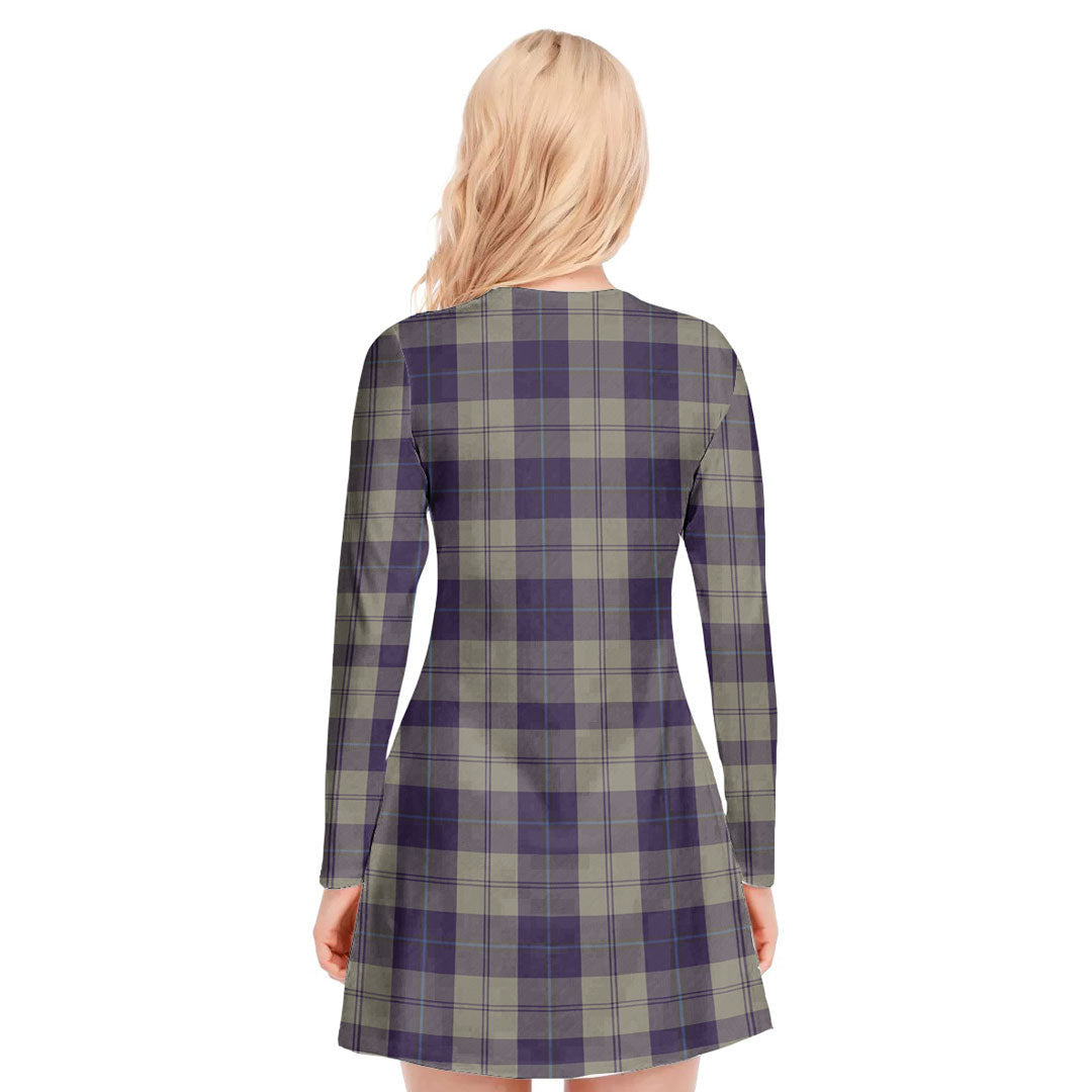 Cunningham Dress Blue Dancers Tartan Crest V-neck Long Sleeve Dress