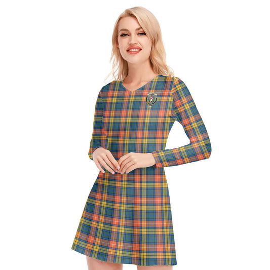 Buchanan Ancient Tartan Crest V-neck Long Sleeve Dress