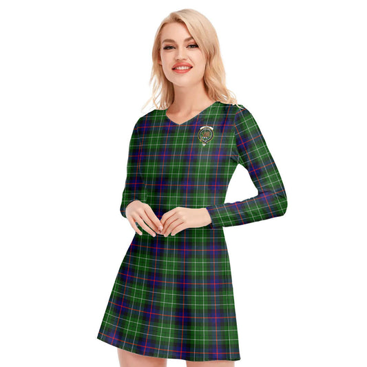 Leslie Hunting Tartan Crest V-neck Long Sleeve Dress