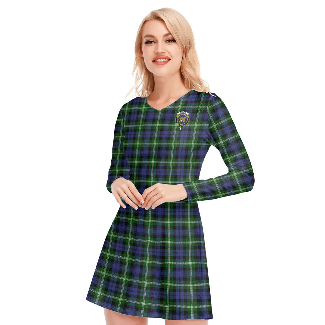 Baillie Modern Tartan Crest V-neck Long Sleeve Dress