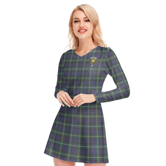 Campbell Argyll Modern Tartan Crest V-neck Long Sleeve Dress