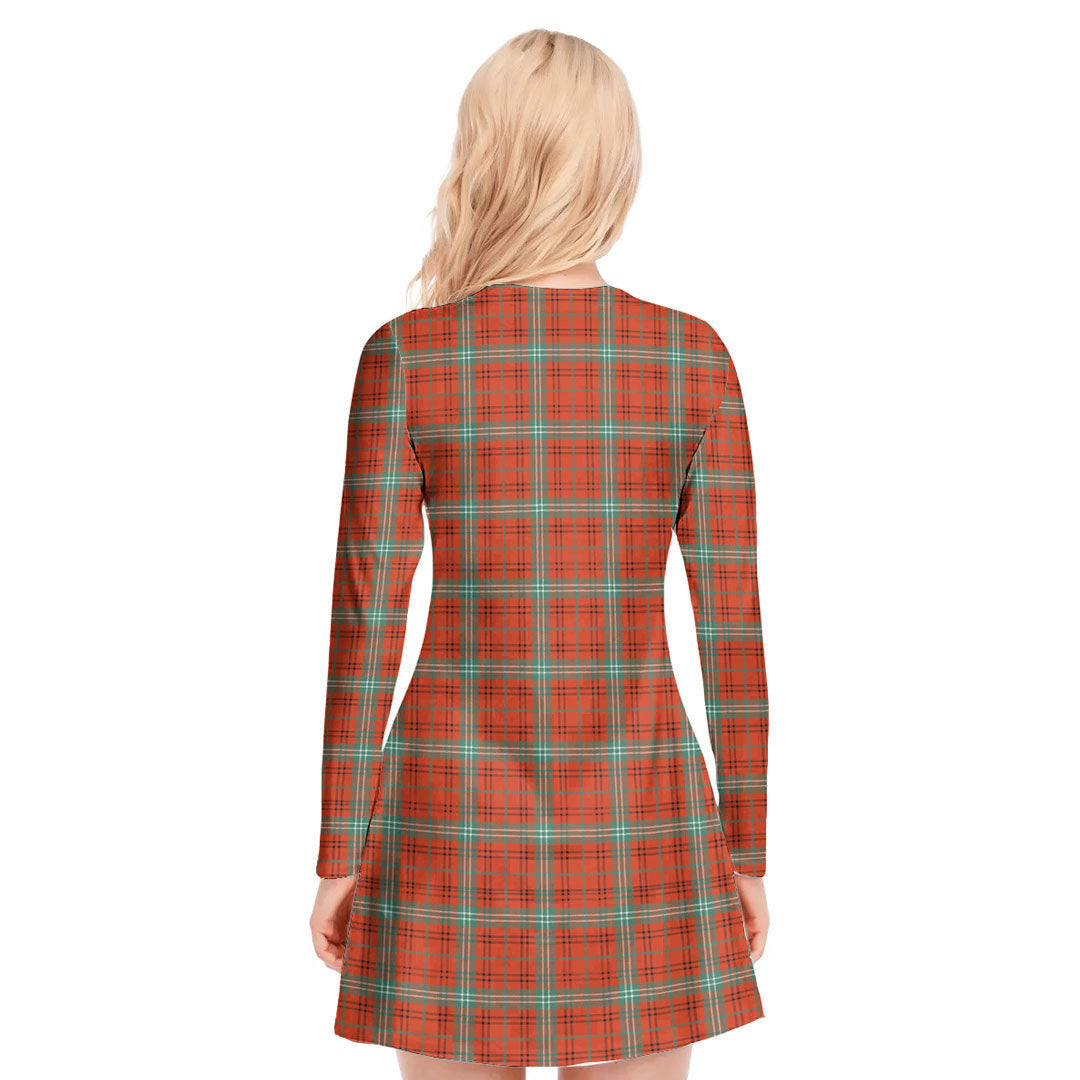 Morrison Red Ancient Tartan Crest V-neck Long Sleeve Dress