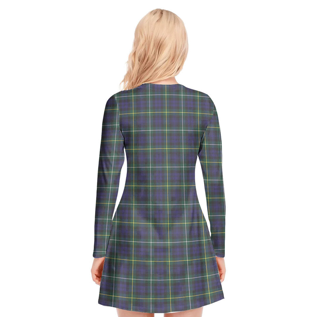 Campbell Argyll Modern Tartan Crest V-neck Long Sleeve Dress