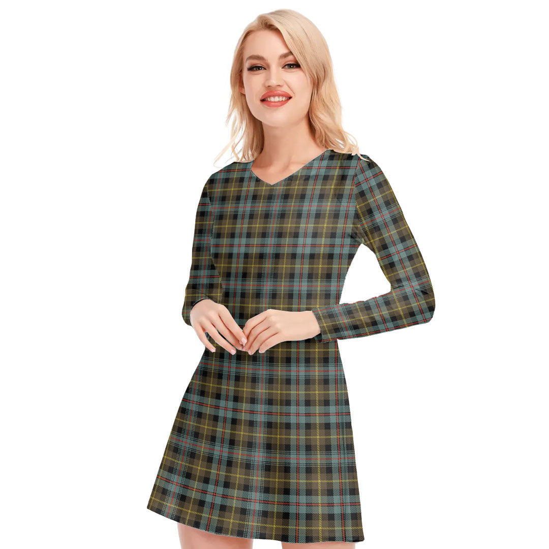 Farquharson Weathered Tartan Plaid V-neck Long Sleeve Dress