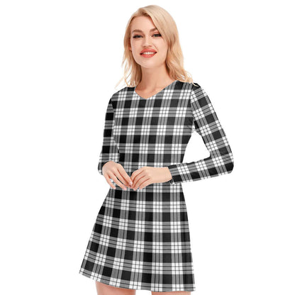 MacFarlane Black White Tartan Plaid V-neck Long Sleeve Dress