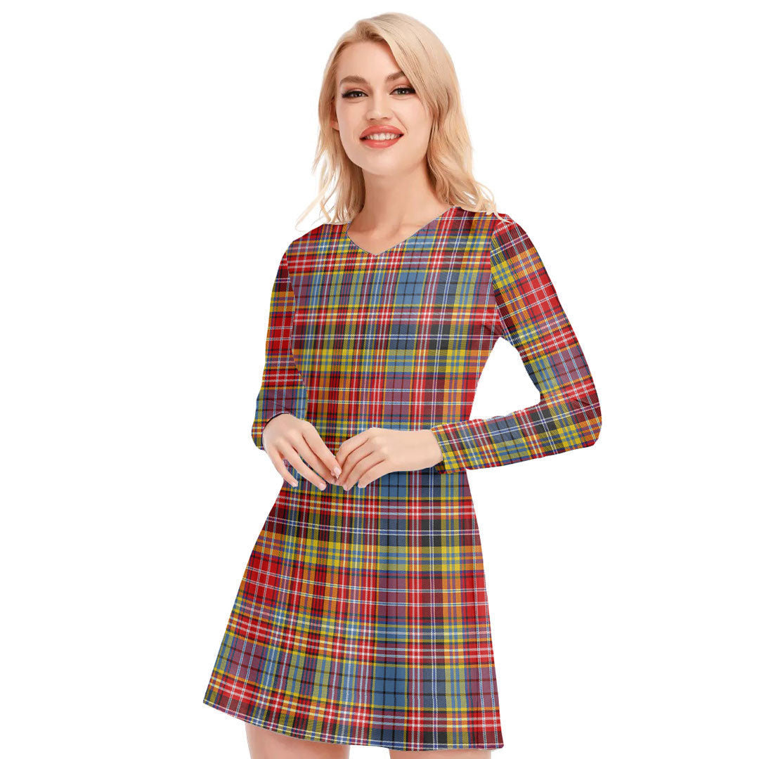 Drummond of Strathallan Tartan Plaid V-neck Long Sleeve Dress