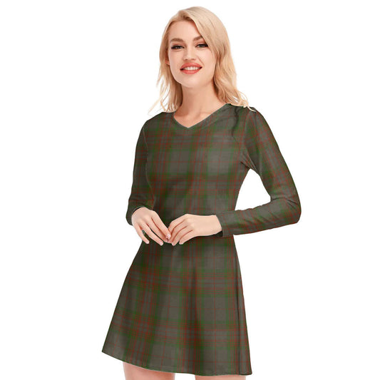 Gray Tartan Plaid V-neck Long Sleeve Dress