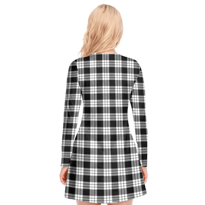 MacFarlane Black White Tartan Plaid V-neck Long Sleeve Dress