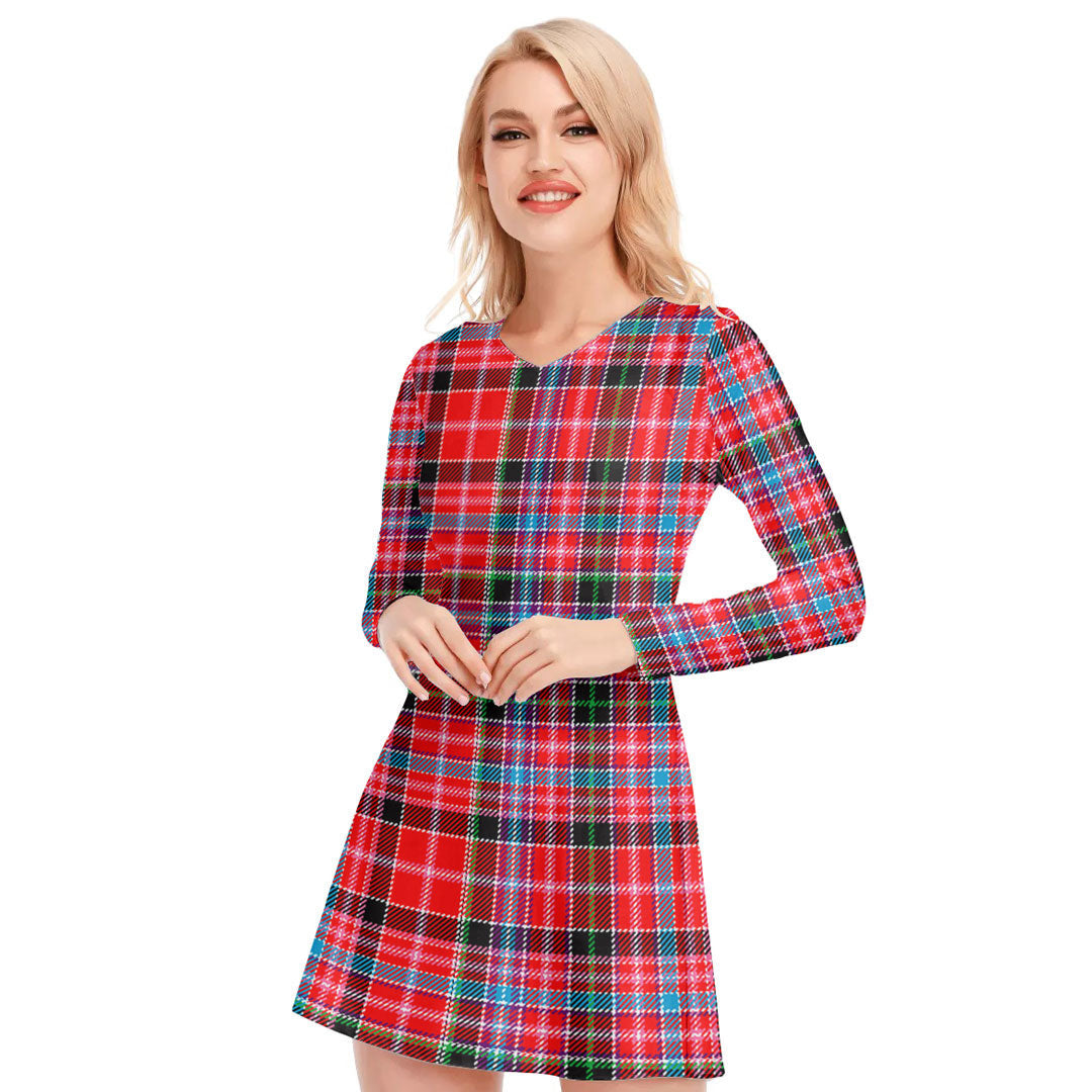 Aberdeen District Tartan Plaid V-neck Long Sleeve Dress