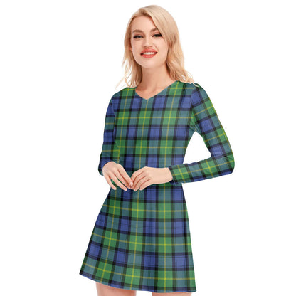 Gordon Old Ancient Tartan Plaid V-neck Long Sleeve Dress