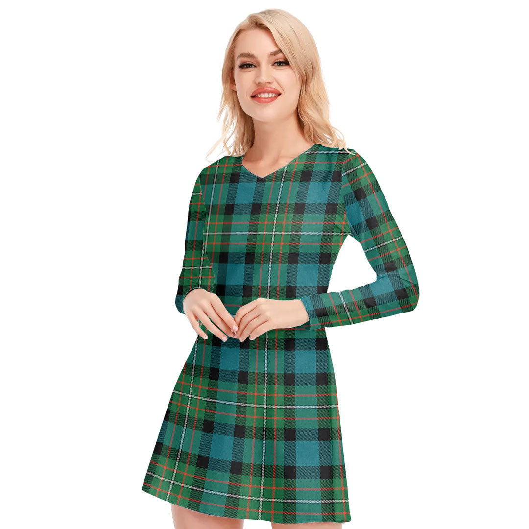 FERGUSON ANCIENT Tartan Plaid V-neck Long Sleeve Dress