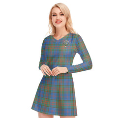 Stewart of Appin Hunting Ancient Tartan Crest V-neck Long Sleeve Dress