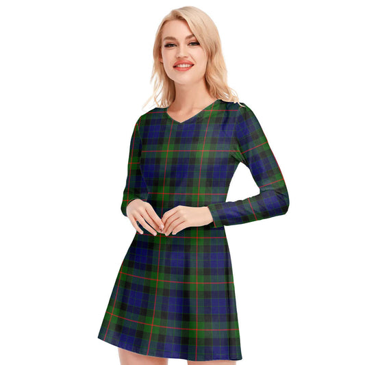 Gunn Modern Tartan Plaid V-neck Long Sleeve Dress