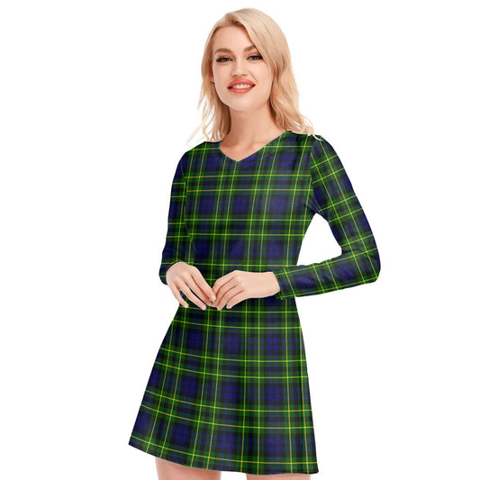 Campbell of Breadalbane Modern Tartan Plaid V-neck Long Sleeve Dress