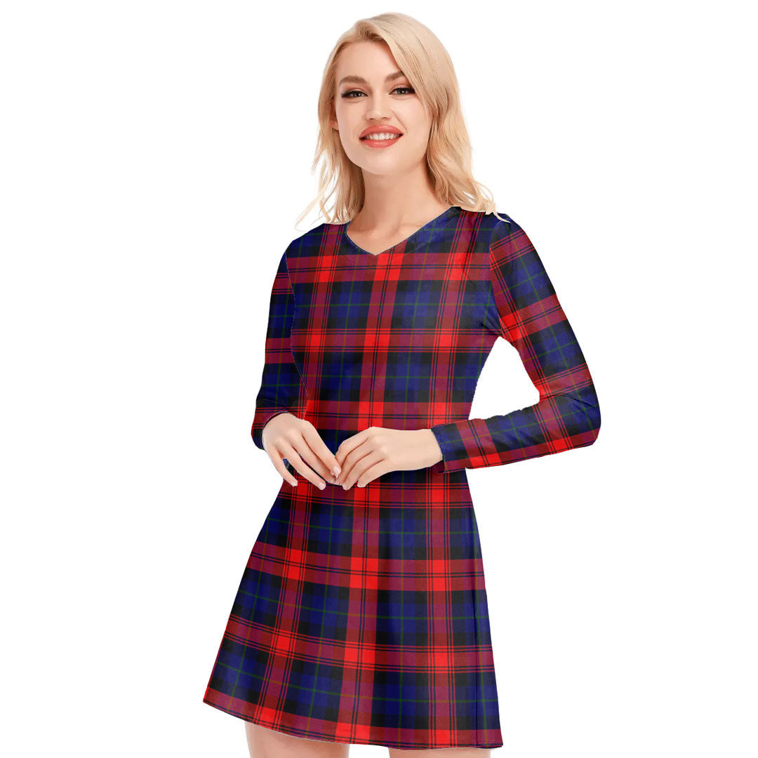 MacLachlan Modern Tartan Plaid V-neck Long Sleeve Dress