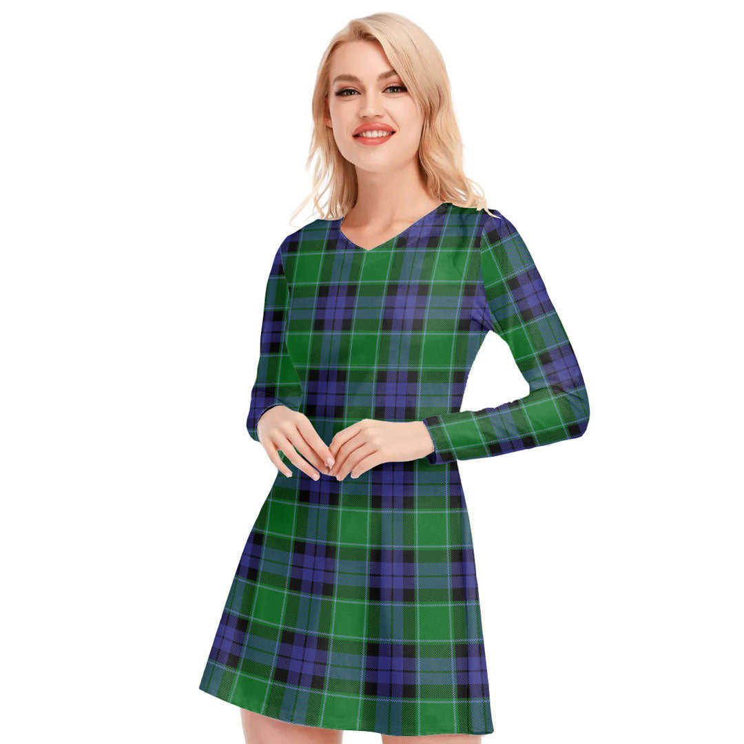 Graham of Menteith Modern Tartan Plaid V-neck Long Sleeve Dress