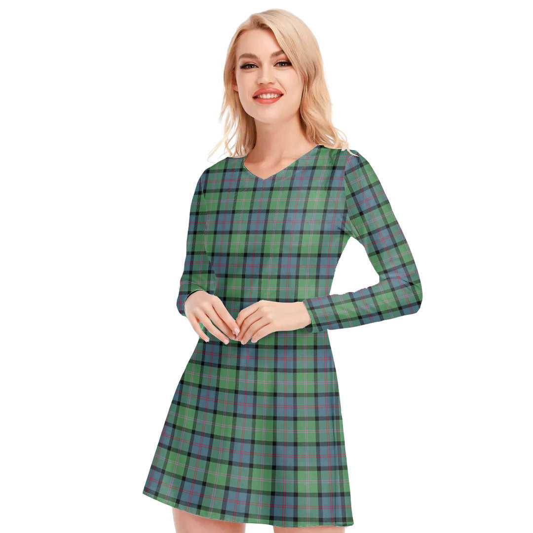 MacThomas Ancient Tartan Plaid V-neck Long Sleeve Dress