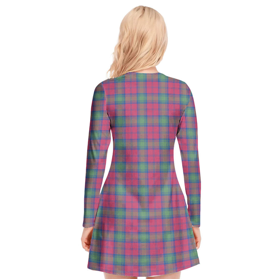 Lindsay Ancient Tartan Plaid V-neck Long Sleeve Dress