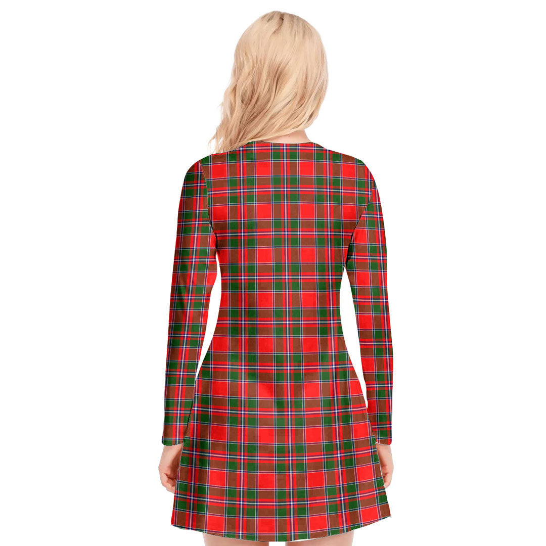 Spens Modern Tartan Plaid V-neck Long Sleeve Dress