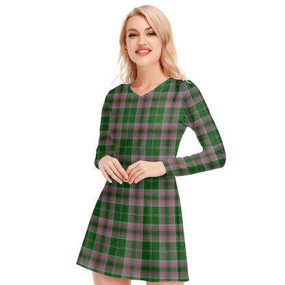 Gray Hunting Tartan Plaid V-neck Long Sleeve Dress