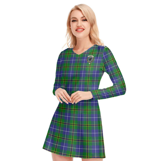 Turnbull Hunting Tartan Crest V-neck Long Sleeve Dress