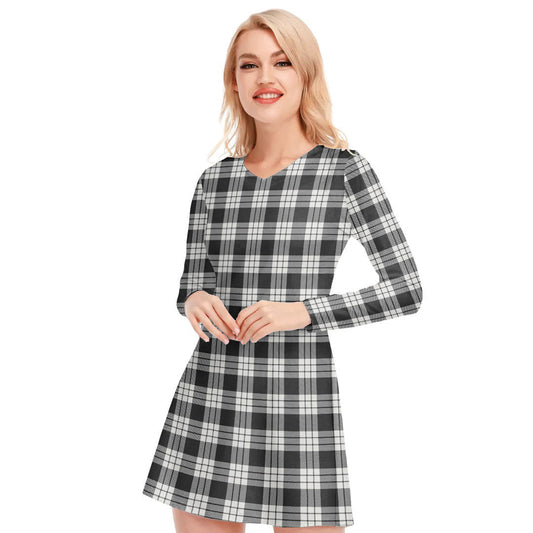 MacFarlane Black White Ancient Tartan Plaid V-neck Long Sleeve Dress