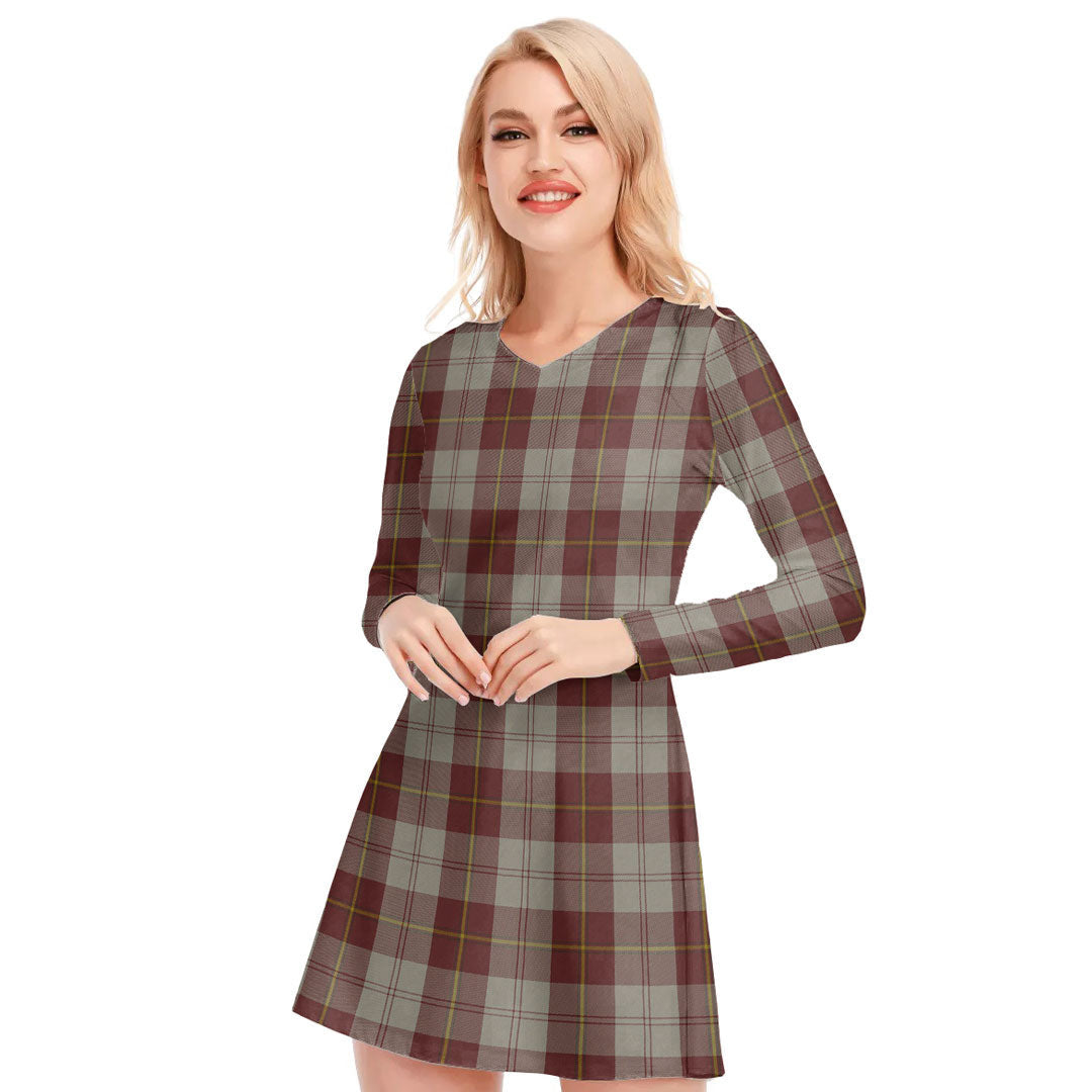 Cunningham Burgundy Dancers Tartan Plaid V-neck Long Sleeve Dress