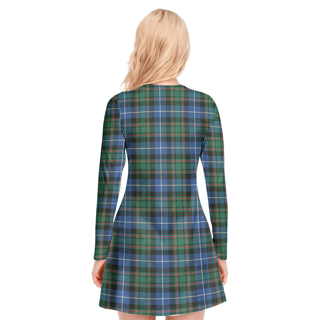 MacRae Hunting Ancient Tartan Crest V-neck Long Sleeve Dress