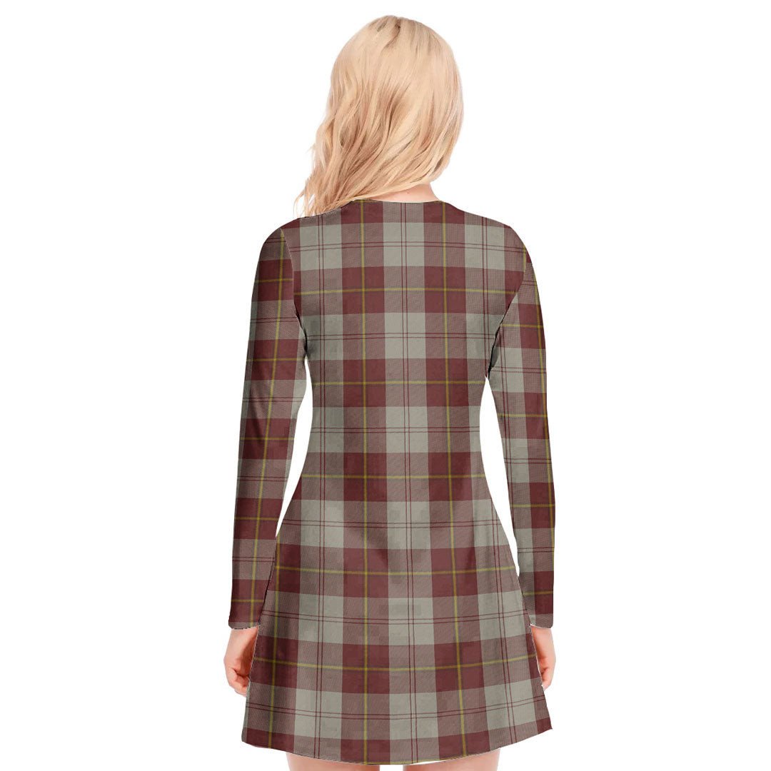 Cunningham Burgundy Dancers Tartan Plaid V-neck Long Sleeve Dress