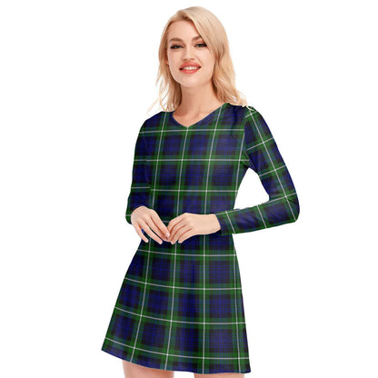 Lamont Modern Tartan Plaid V-neck Long Sleeve Dress