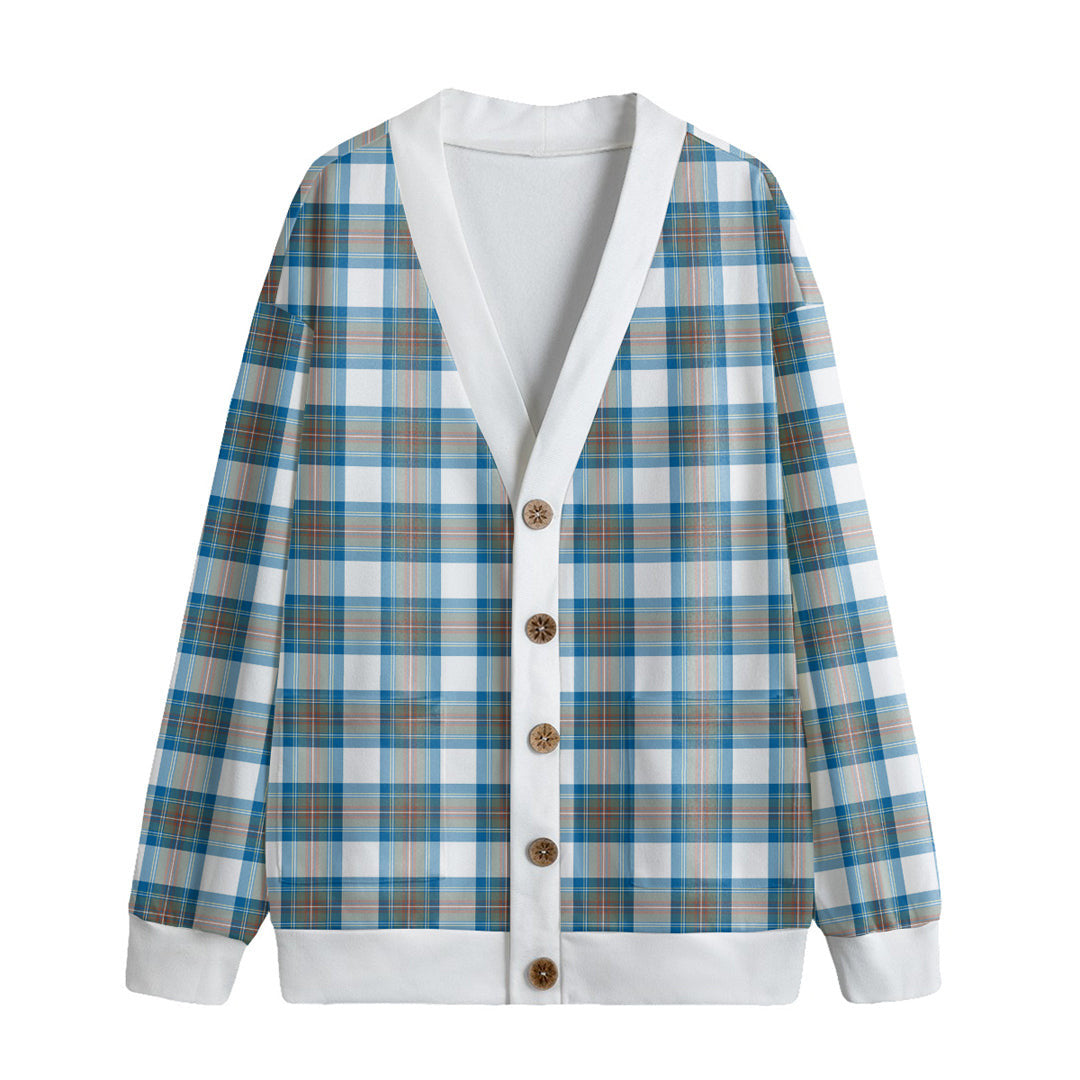 Stewart Muted Blue Tartan Plaid Knitted Fleece Cardigan