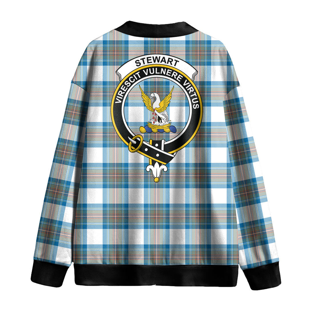 Stewart Muted Blue Tartan Crest Knitted Fleece Cardigan