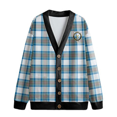 Stewart Muted Blue Tartan Crest Knitted Fleece Cardigan