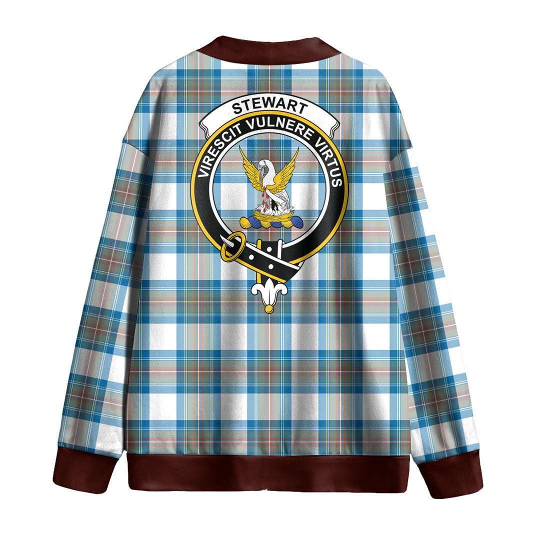 Stewart Muted Blue Tartan Crest Knitted Fleece Cardigan