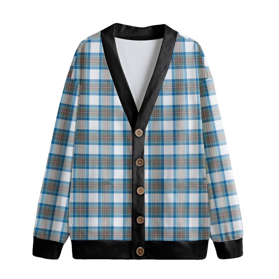 Stewart Muted Blue Tartan Plaid Knitted Fleece Cardigan