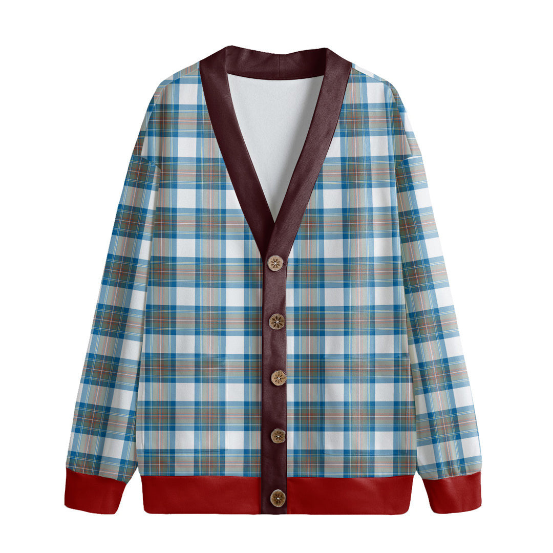 Stewart Muted Blue Tartan Plaid Knitted Fleece Cardigan