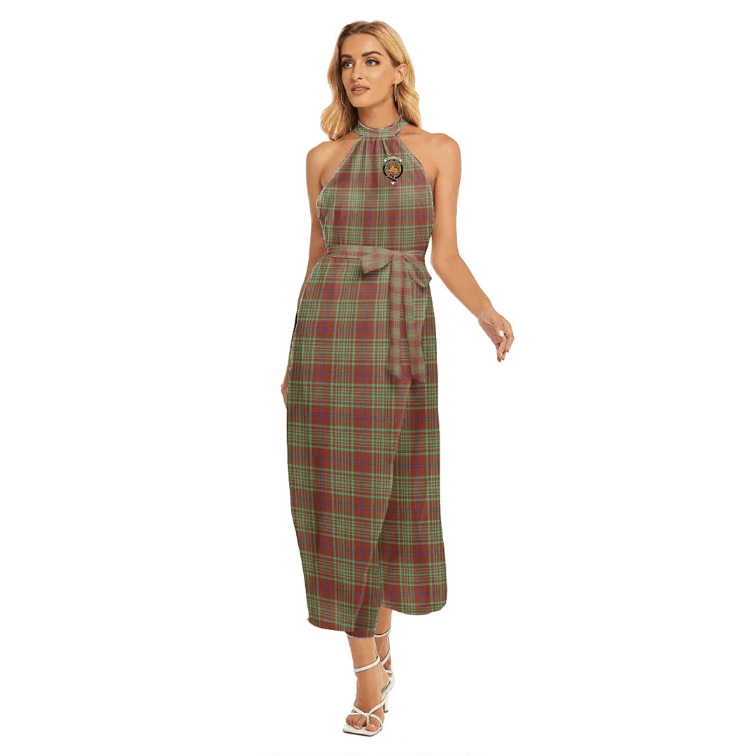 MacGillivray Hunting Ancient Tartan Crest Wrap Hem Belted Halter Dress