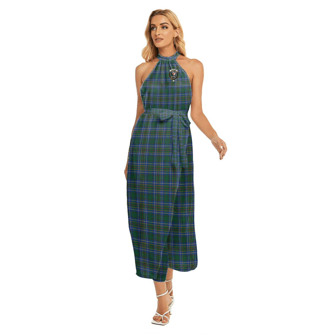 Cockburn Ancient Tartan Crest Wrap Hem Belted Halter Dress