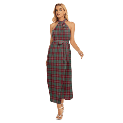 Crawford Modern Tartan Crest Wrap Hem Belted Halter Dress