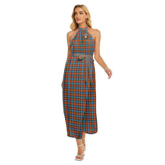 MacLachlan Ancient Tartan Crest Wrap Hem Belted Halter Dress