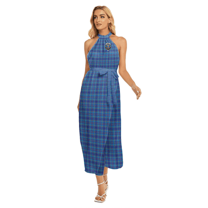 Mercer Modern Tartan Crest Wrap Hem Belted Halter Dress