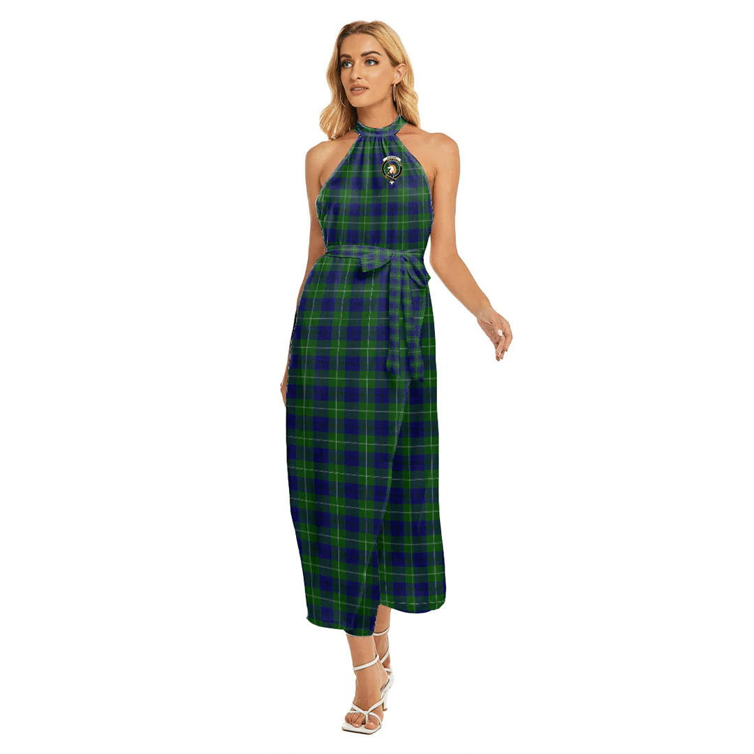 Oliphant Modern Tartan Crest Wrap Hem Belted Halter Dress