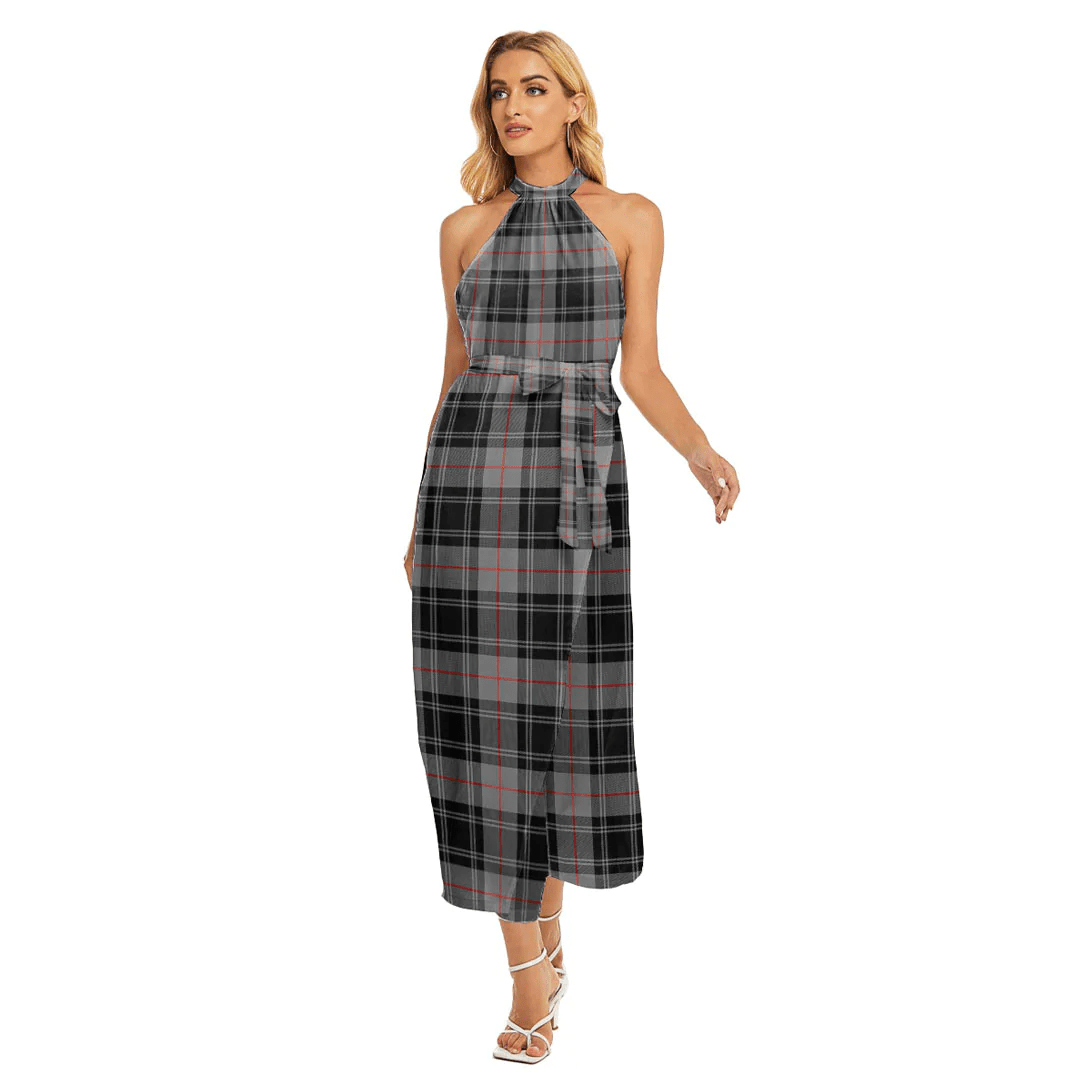 Moffat Modern Tartan Plaid Wrap Hem Belted Halter Dress