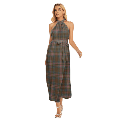 Kennedy Weathered Tartan Plaid Wrap Hem Belted Halter Dress