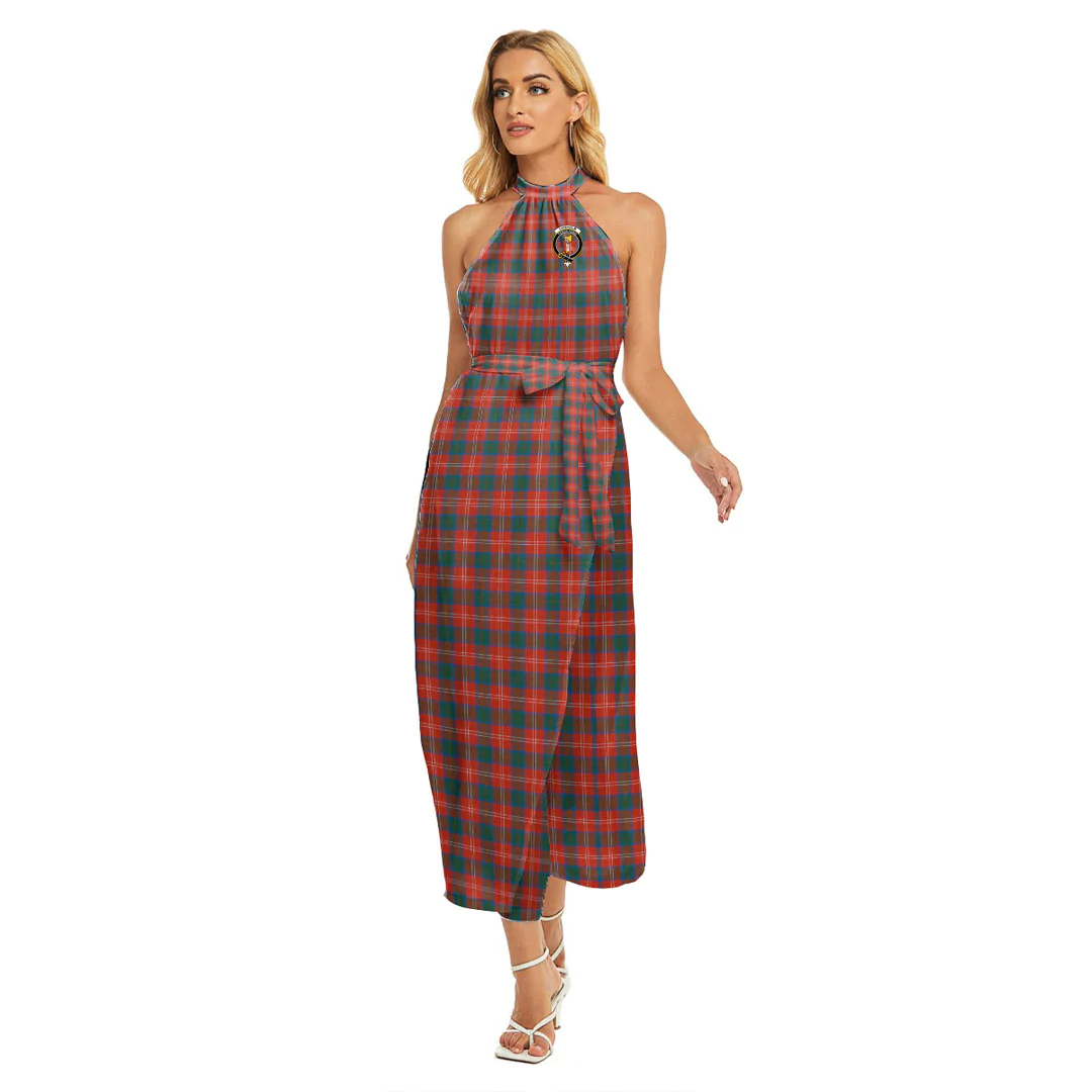 Chisholm Ancient Tartan Crest Wrap Hem Belted Halter Dress