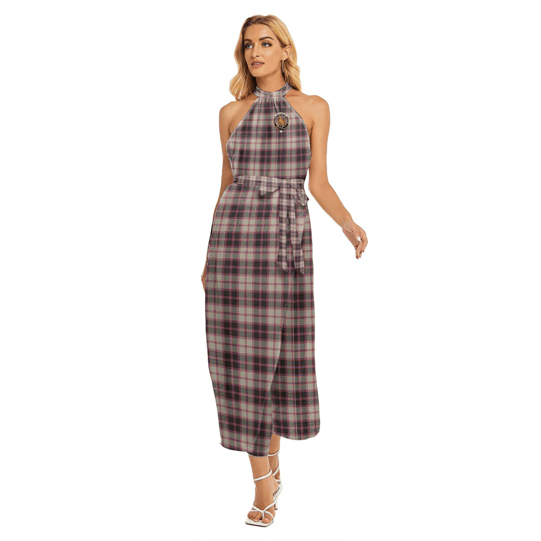 MacPherson Hunting Ancient Tartan Crest Wrap Hem Belted Halter Dress