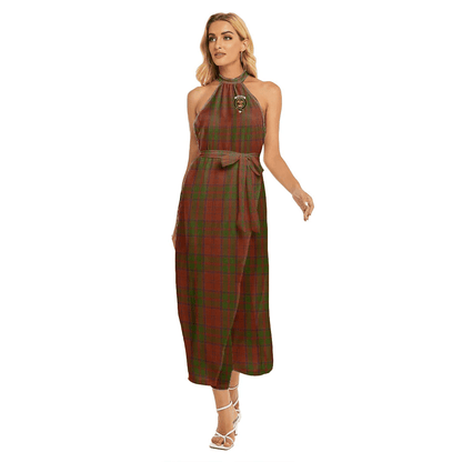 Drummond Tartan Plaid Tartan Crest Wrap Hem Belted Halter Dress