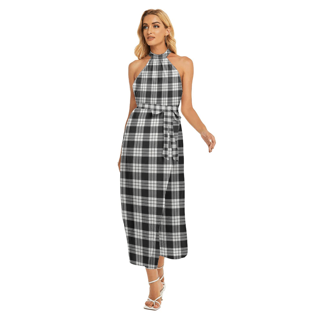 MacFarlane Black White Ancient Tartan Plaid Wrap Hem Belted Halter Dress