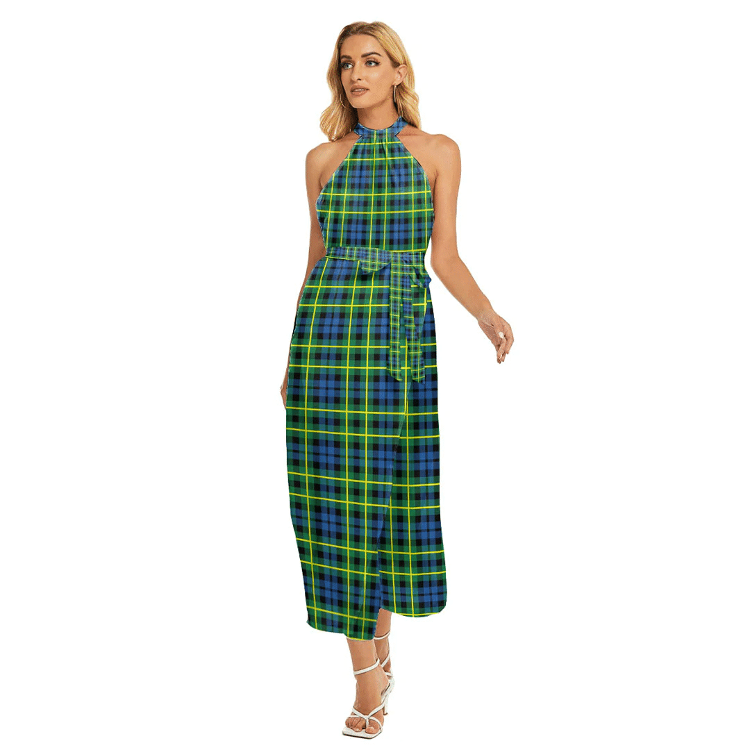 Campbell of Breadalbane Ancient Tartan Plaid Wrap Hem Belted Halter Dress