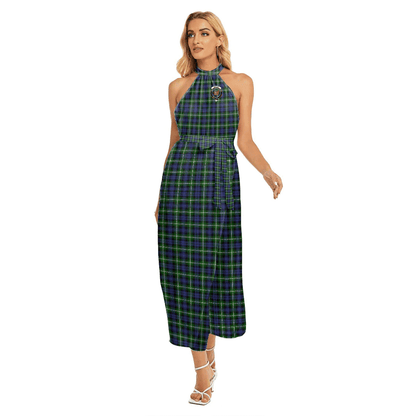 Baillie Modern Tartan Crest Wrap Hem Belted Halter Dress